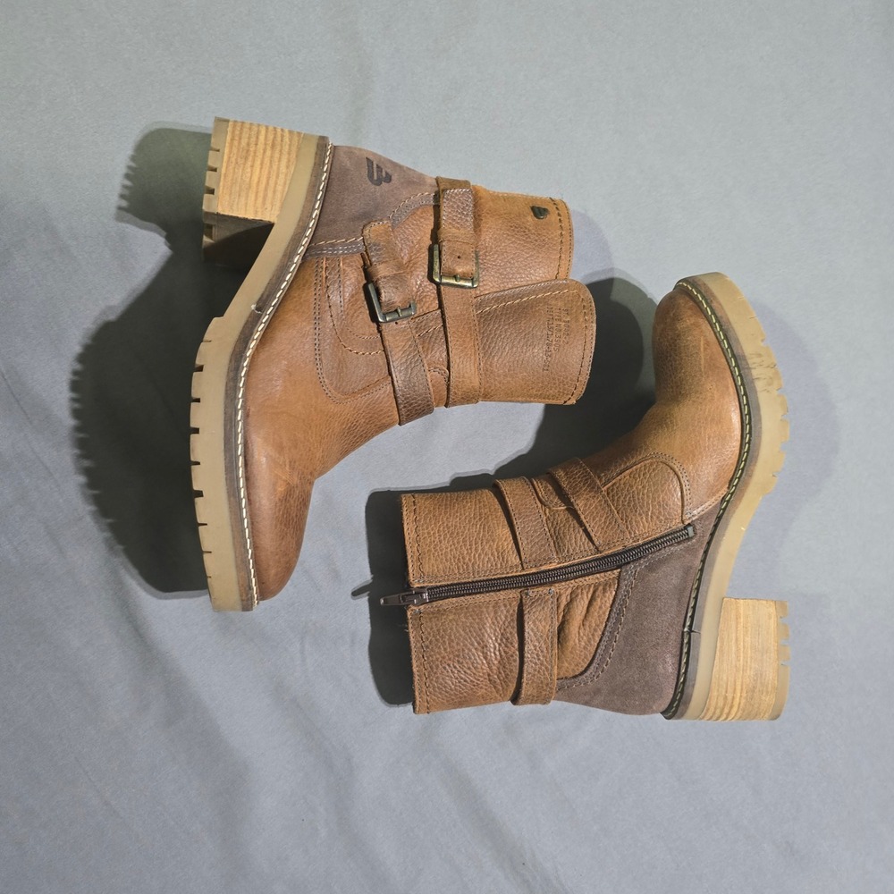 Bullboxer Jade Boot Women 9M Brown Leather Suede Lug Sole Moto Ankle Buckle A15
